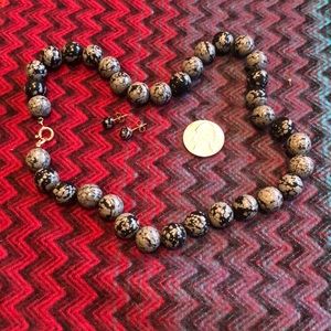 Snowflake obsidian bead necklace w/ Gold- filled post earrings